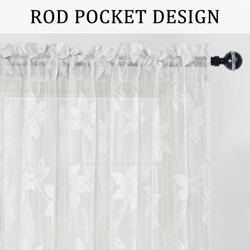 DWCN White Short Sheer Curtains for Kitchen - Floral Lace Design Rod Pocket Window Voile Sheer Drapes for Living Room Kitchen Short Curtains 42 x 45 inch Length, Set of 2, White - Image 2